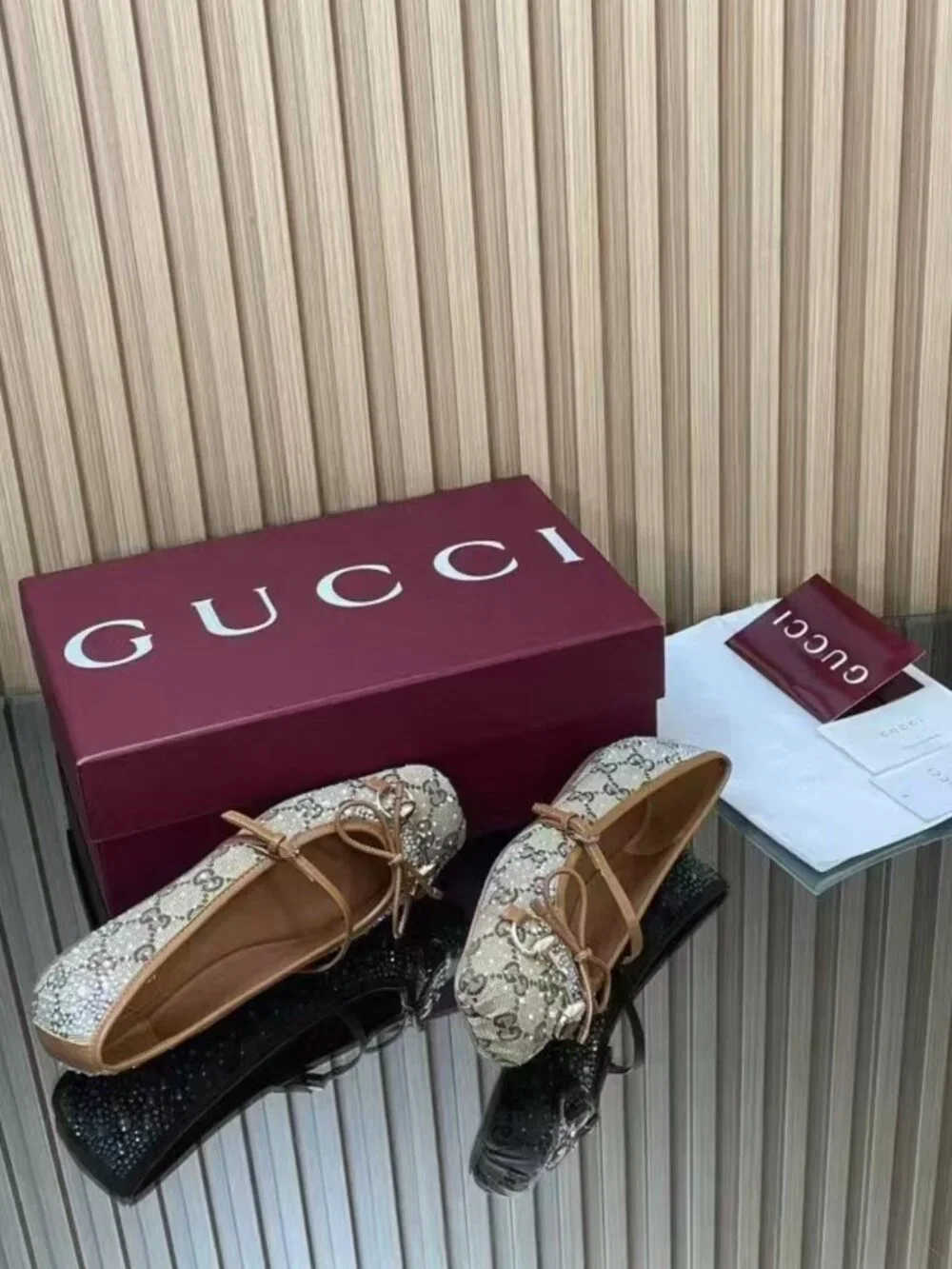 Gucci Monogram Canvas Rhinestone Horsebit Bow Mary‑Jane Flats